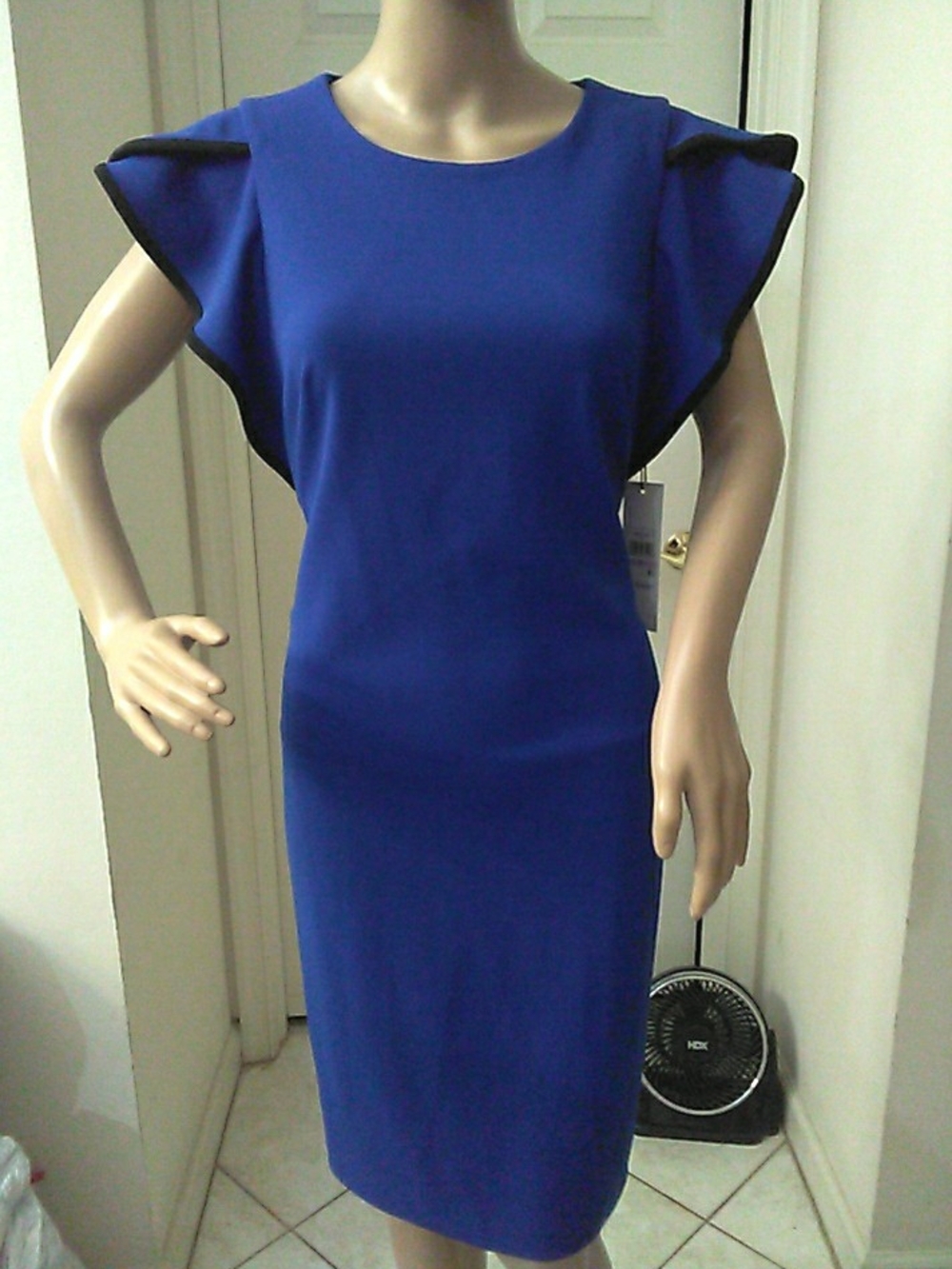NWT Calvin Klein Cobalt Blue Flutter-Sleeve Midi Dress Black Trim  SZ. 6 Gorgeou